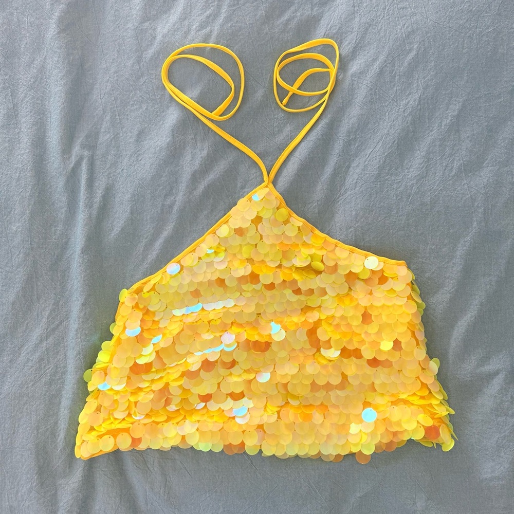 NWOT Yellow Sequin Cropped Halter Top